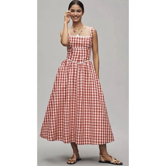Anthropologie Dresses & Skirts - Anthropologie Wayf Midi Dress Red Linen Blend Drop Waist Preppy Boho Medium NWT